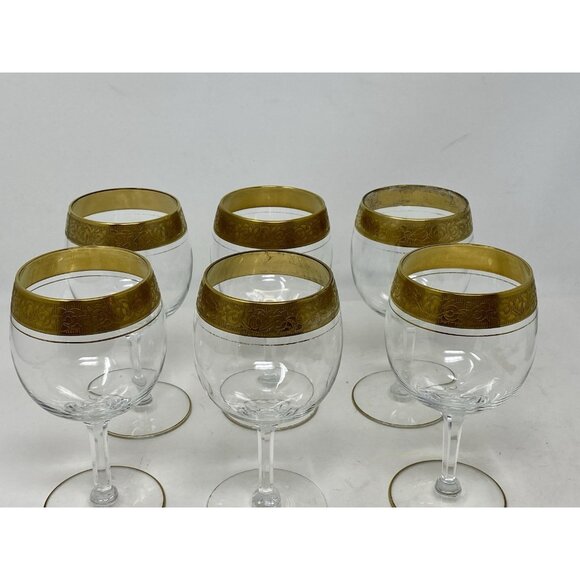 Set Of 6 Vintage MCM Double Gold Banded Wine Glasses Hexagonal Stems Plaza NYC - Picture 10 of 13